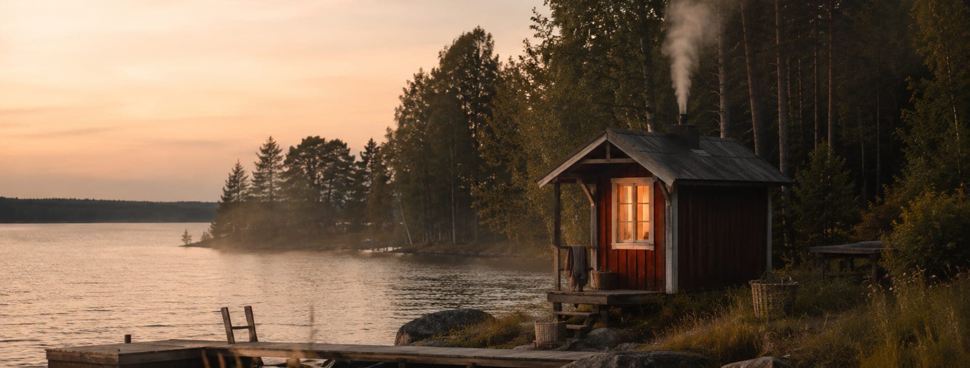 Bastu vid vattnet i kvällsljus med rök ur skorstenen